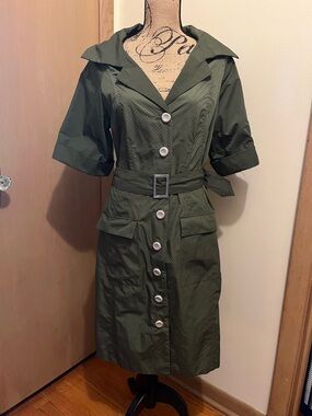 Olive Green Button-Front Belted Shirt Dress